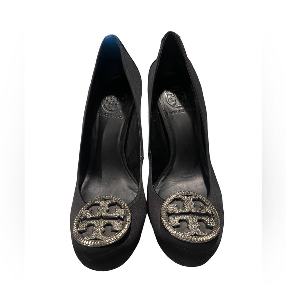 Tory Burch Shoes Black  Heels Wooden Platform sliver/ diamond Logo Size 8